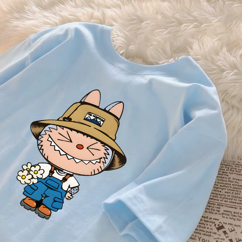 [Dosmino] Labubu Camiseta , Coreanas retrô fofa estampa camiseta oversized feminina #789