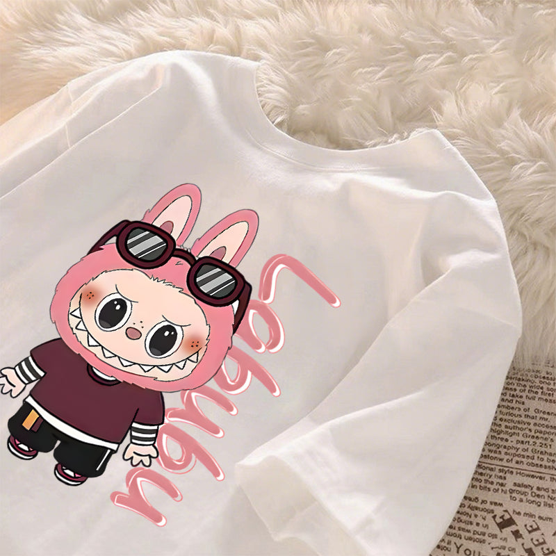 [Dosmino] Labubu Camiseta , Coreanas retrô fofa estampa camiseta oversized feminina #789