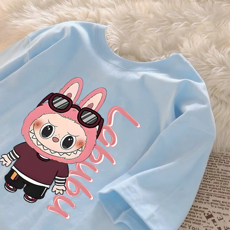 [Dosmino] Labubu Camiseta , Coreanas retrô fofa estampa camiseta oversized feminina #789