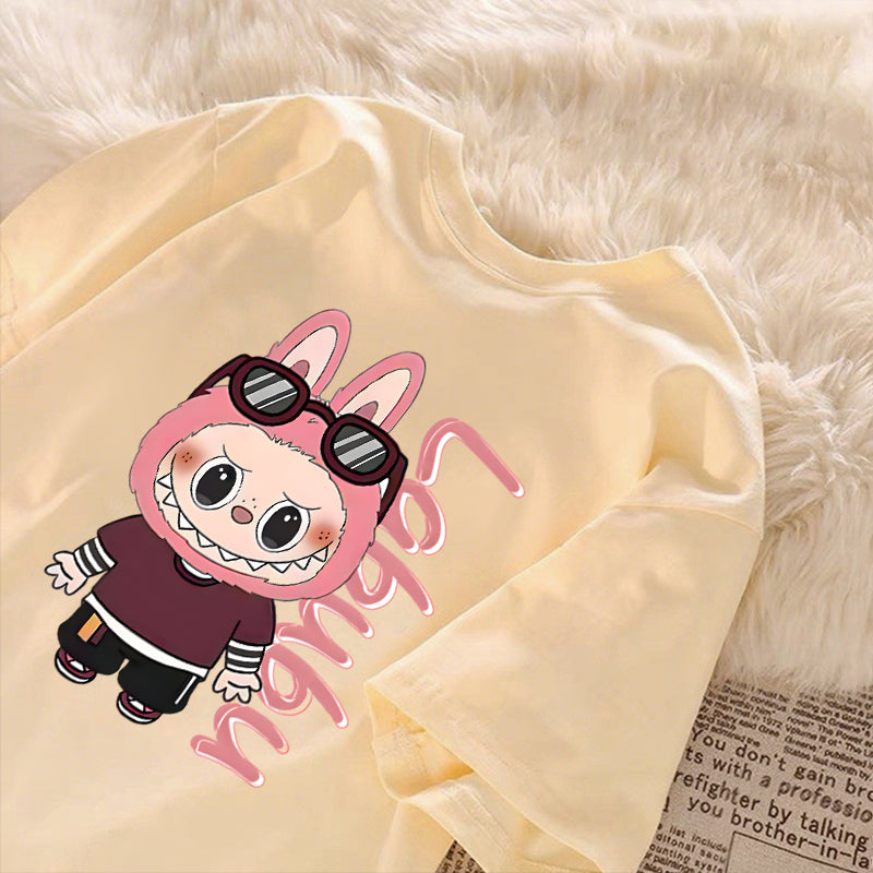 [Dosmino] Labubu Camiseta , Coreanas retrô fofa estampa camiseta oversized feminina #789