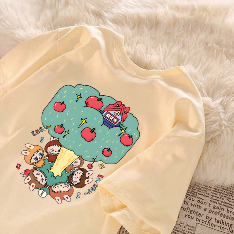 [Dosmino] Labubu Plog Roupas, Coreanas retrô fofa estampa camiseta oversized feminina #809
