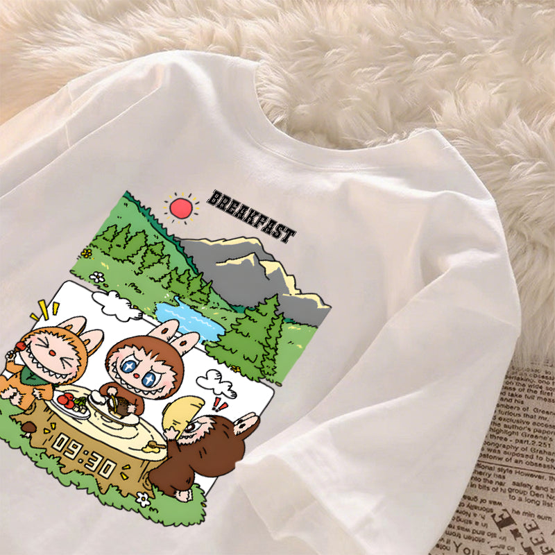 [Dosmino] Labubu Plog Roupas, Coreanas retrô fofa estampa camiseta oversized feminina #809