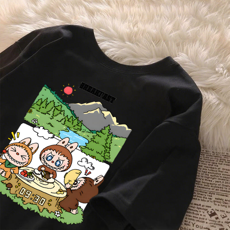 [Dosmino] Labubu Plog Roupas, Coreanas retrô fofa estampa camiseta oversized feminina #809