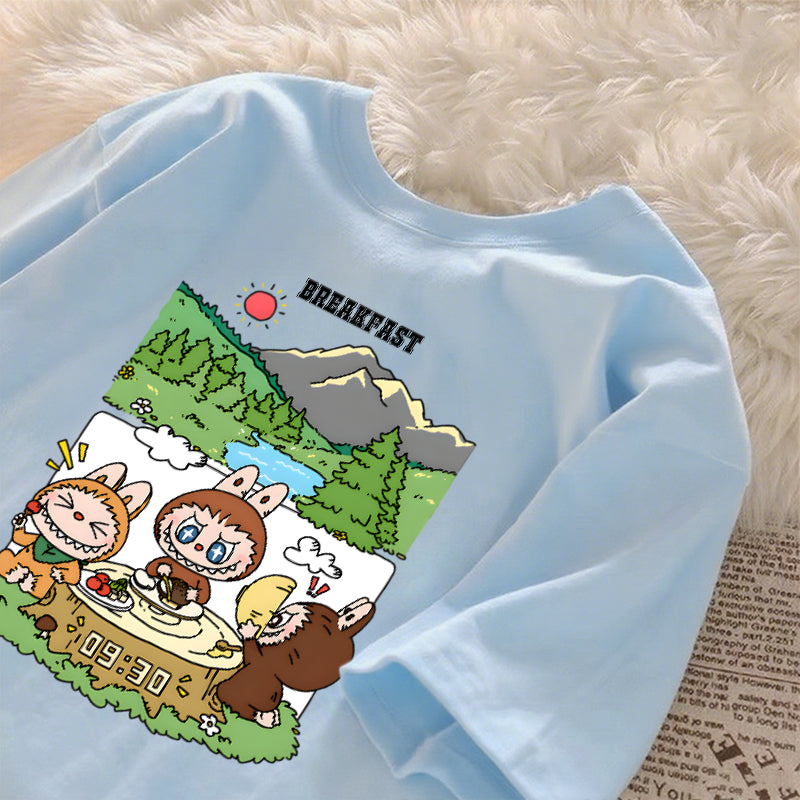[Dosmino] Labubu Plog Roupas, Coreanas retrô fofa estampa camiseta oversized feminina #809