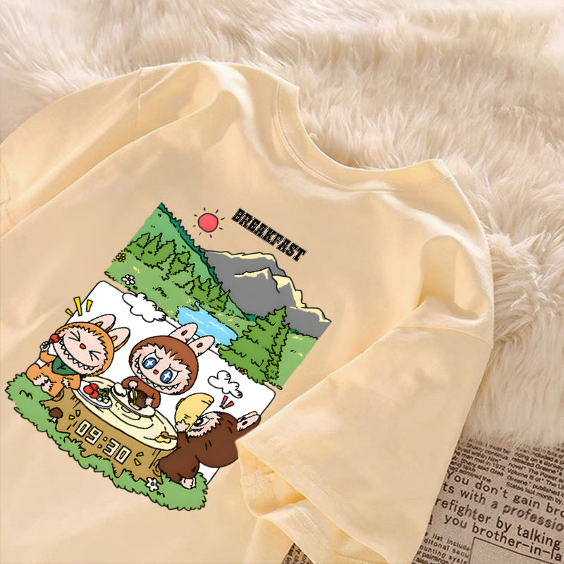[Dosmino] Labubu Plog Roupas, Coreanas retrô fofa estampa camiseta oversized feminina #809