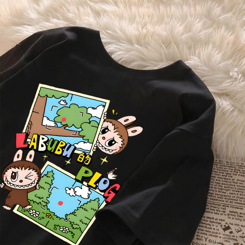 [Dosmino] Labubu Plog Roupas, Coreanas retrô fofa estampa camiseta oversized feminina #809