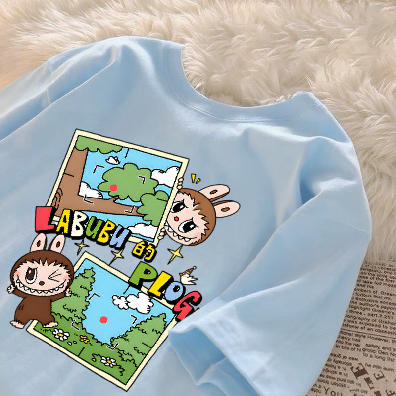 [Dosmino] Labubu Plog Roupas, Coreanas retrô fofa estampa camiseta oversized feminina #809