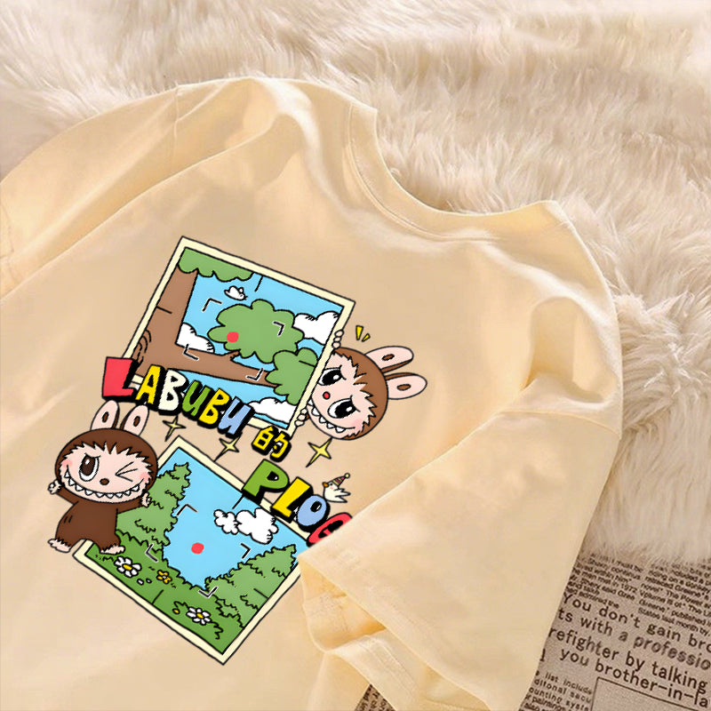 [Dosmino] Labubu Plog Roupas, Coreanas retrô fofa estampa camiseta oversized feminina #809