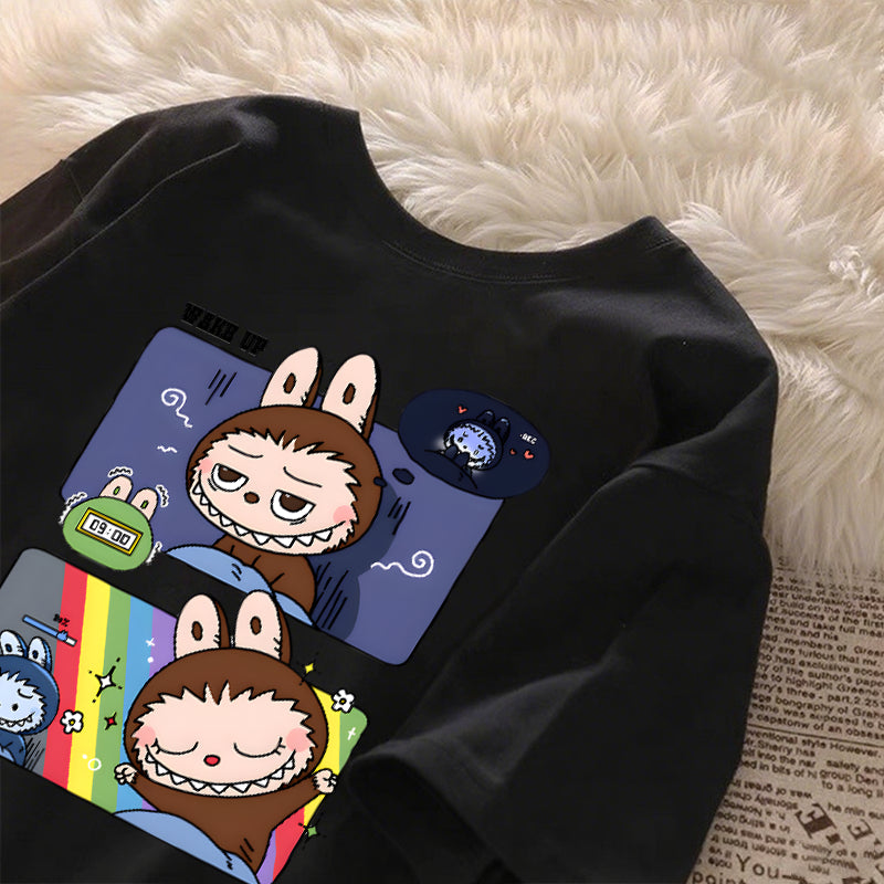 [Dosmino] Labubu Plog Roupas, Coreanas retrô fofa estampa camiseta oversized feminina #809