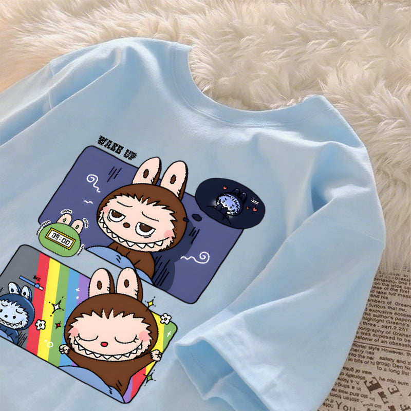 [Dosmino] Labubu Plog Roupas, Coreanas retrô fofa estampa camiseta oversized feminina #809