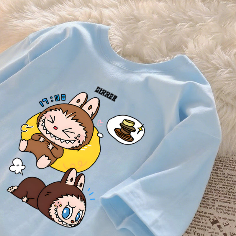 [Dosmino] Labubu Plog Roupas, Coreanas retrô fofa estampa camiseta oversized feminina #804