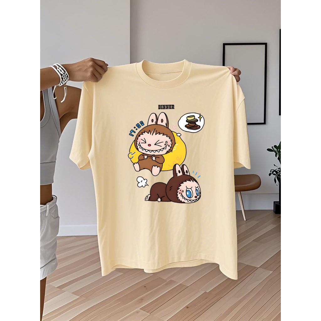 [Dosmino] Labubu Plog Roupas, Coreanas retrô fofa estampa camiseta oversized feminina #804