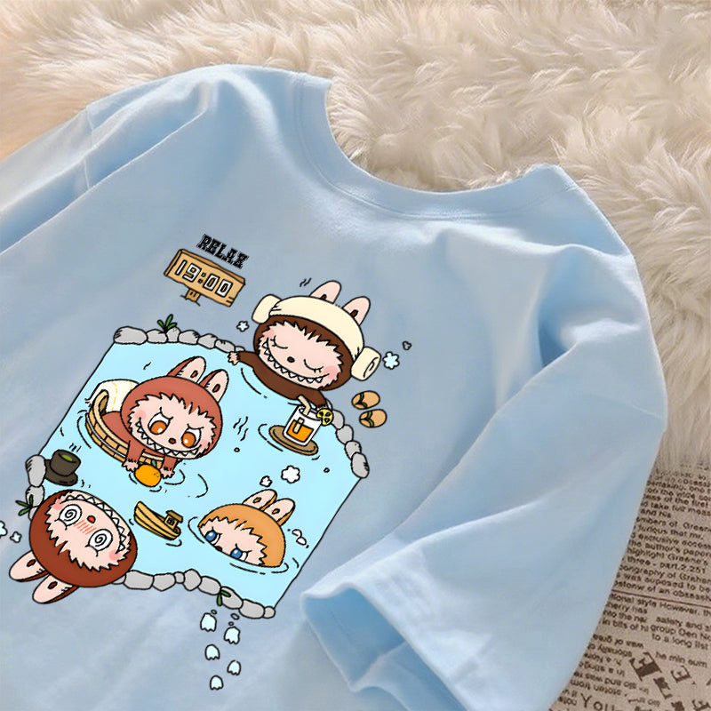 [Dosmino] Labubu Plog Roupas, Coreanas retrô fofa estampa camiseta oversized feminina #804