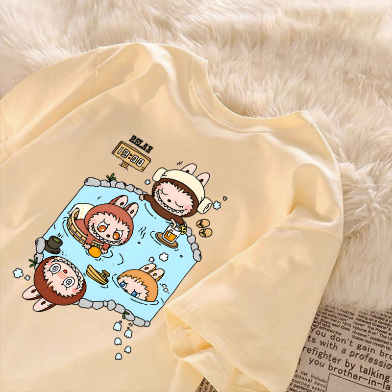 [Dosmino] Labubu Plog Roupas, Coreanas retrô fofa estampa camiseta oversized feminina #804