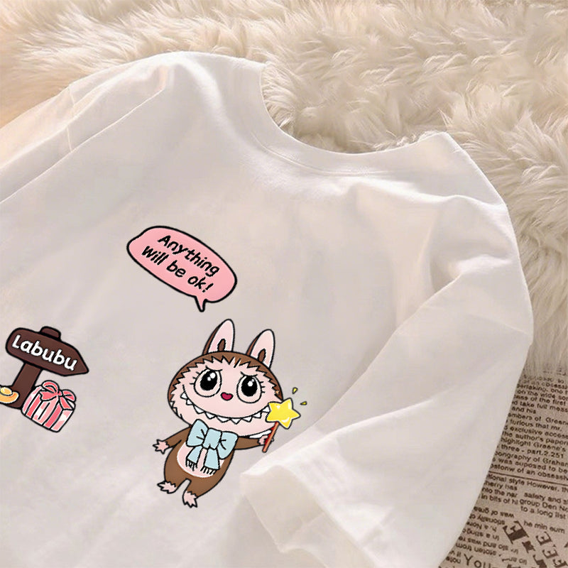 [Dosmino] Labubu Plog Roupas, Coreanas retrô fofa estampa camiseta oversized feminina #804