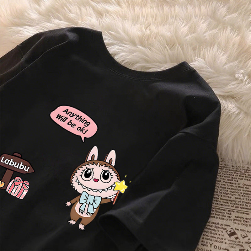 [Dosmino] Labubu Plog Roupas, Coreanas retrô fofa estampa camiseta oversized feminina #804