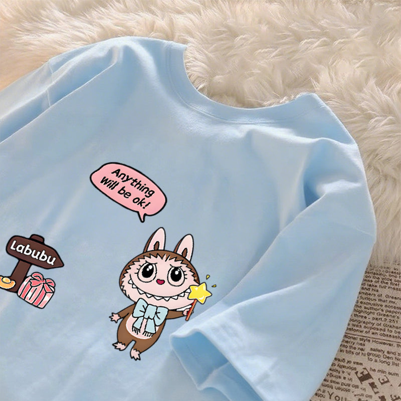 [Dosmino] Labubu Plog Roupas, Coreanas retrô fofa estampa camiseta oversized feminina #804