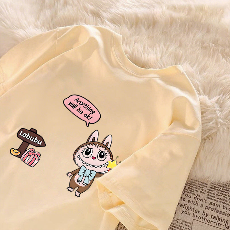 [Dosmino] Labubu Plog Roupas, Coreanas retrô fofa estampa camiseta oversized feminina #804