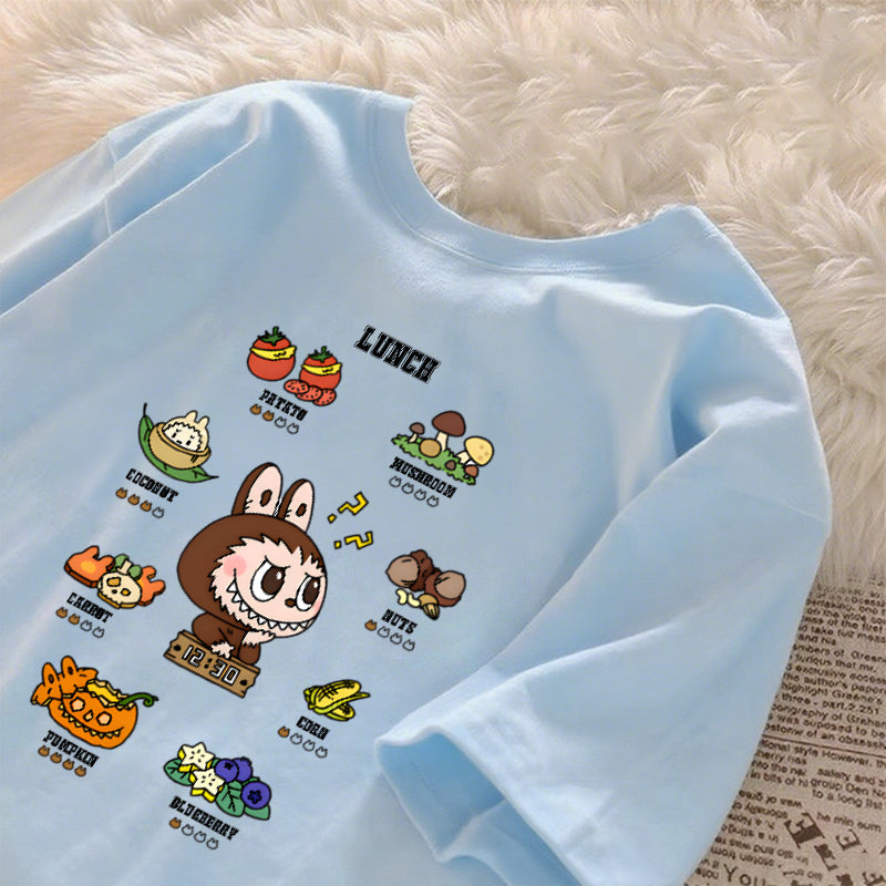 [Dosmino] Labubu Plog Roupas, Coreanas retrô fofa estampa camiseta oversized feminina #804