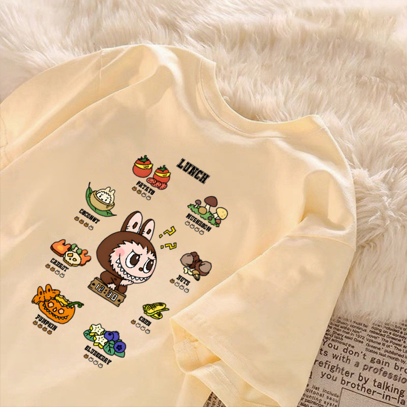 [Dosmino] Labubu Plog Roupas, Coreanas retrô fofa estampa camiseta oversized feminina #804