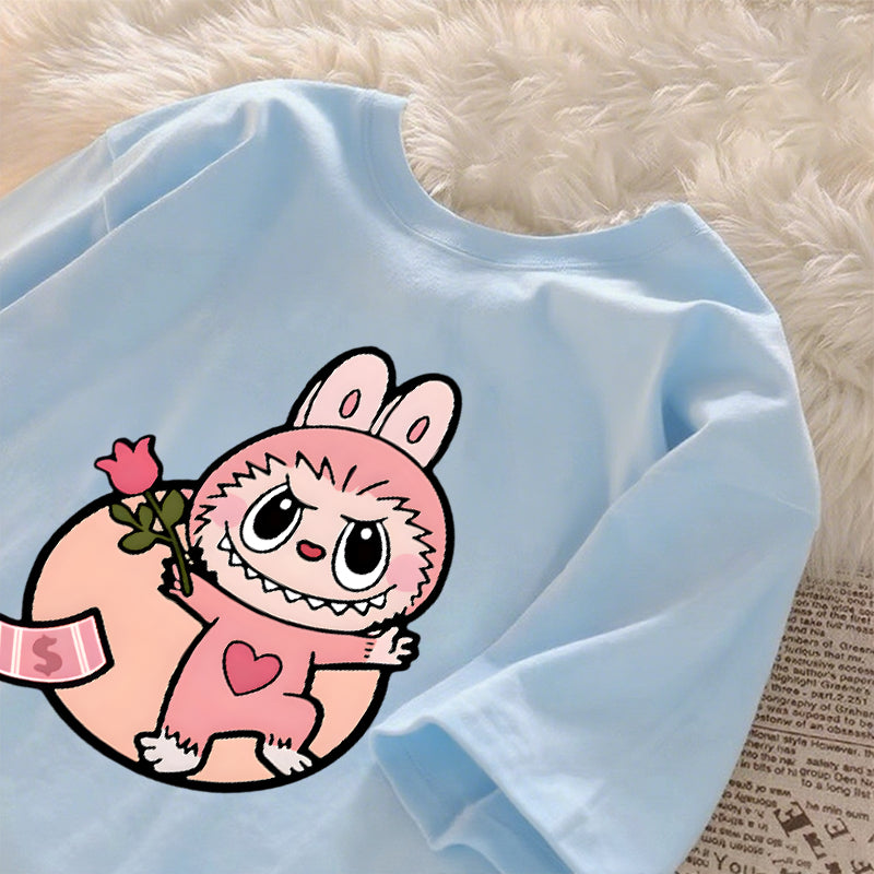[Dosmino] Roupas Labubu, Moda Coreana Camisetas de Manga Curta Soltas com Estampa Fofa # 781
