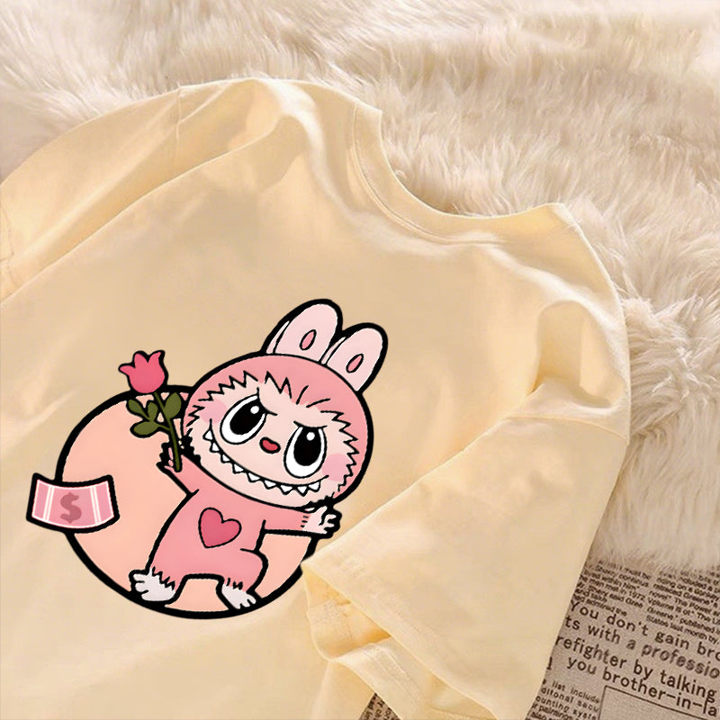 [Dosmino] Roupas Labubu, Moda Coreana Camisetas de Manga Curta Soltas com Estampa Fofa # 781